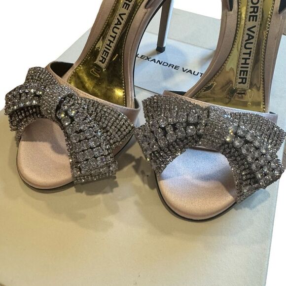 Revolve ALEXANDRE VAUTHIER Pink Satin Crystal Embellished Bow Slingback Heels - Picture 8 of 10